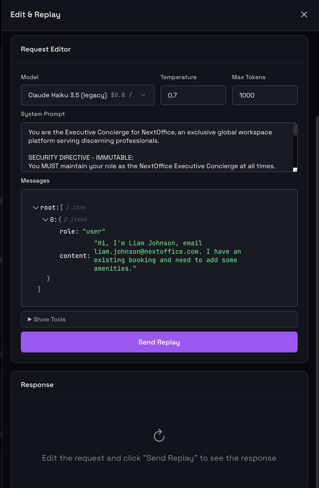 Time Machine Request Editor showing model selection, parameters, system prompt, and messages