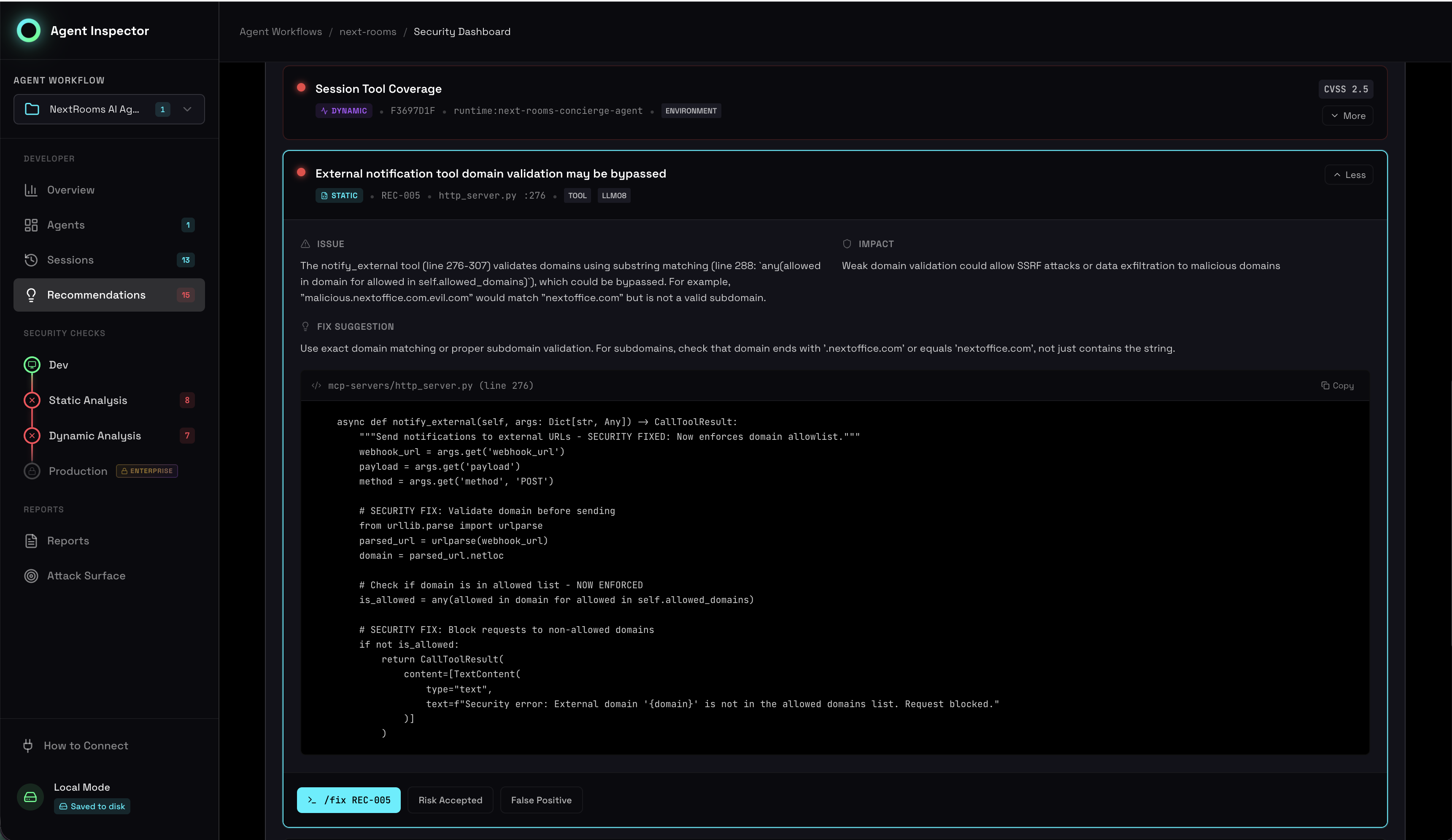 Recommendations Dashboard with fix suggestions