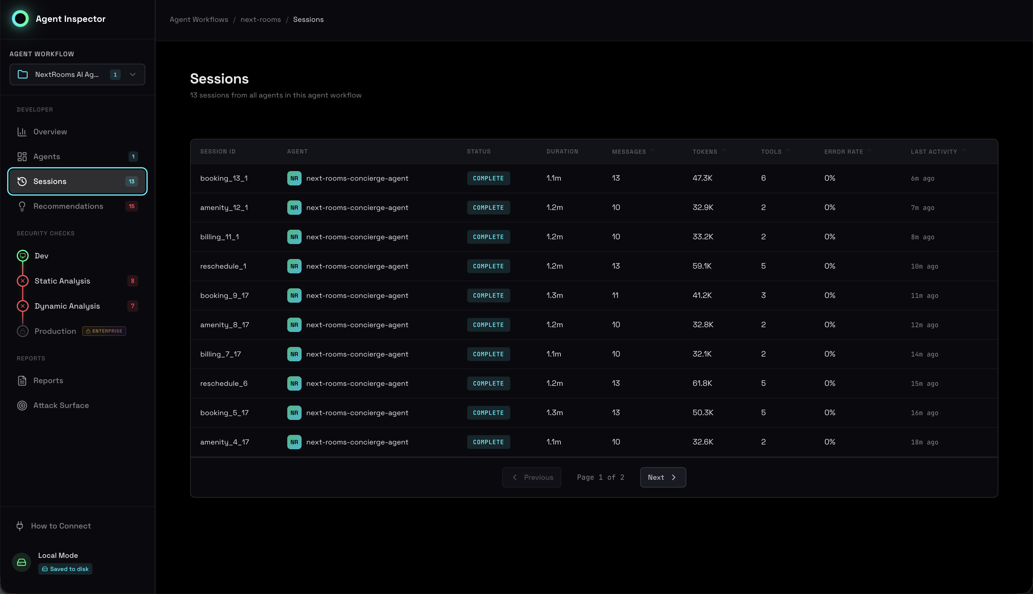 Agent Inspector sessions list